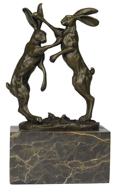 Fighting Hares Bronze Sculpture On Marble Base